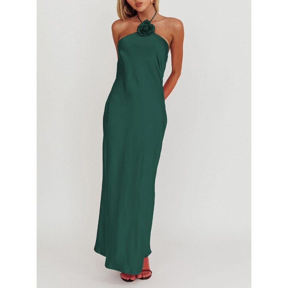 Women's Emerald Summer Silk Sleeveless Cocktail Formal Backless Long Maxi - Picture 5 of 6